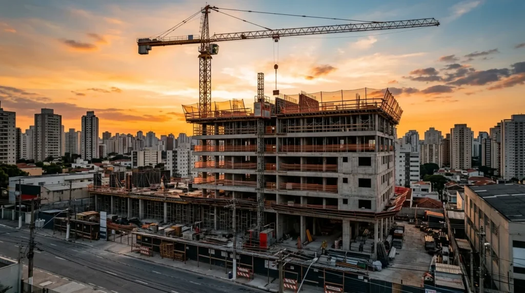 Prédio residencial em construção com guindaste ao pôr do sol, representando o lastro imobiliário do CRI