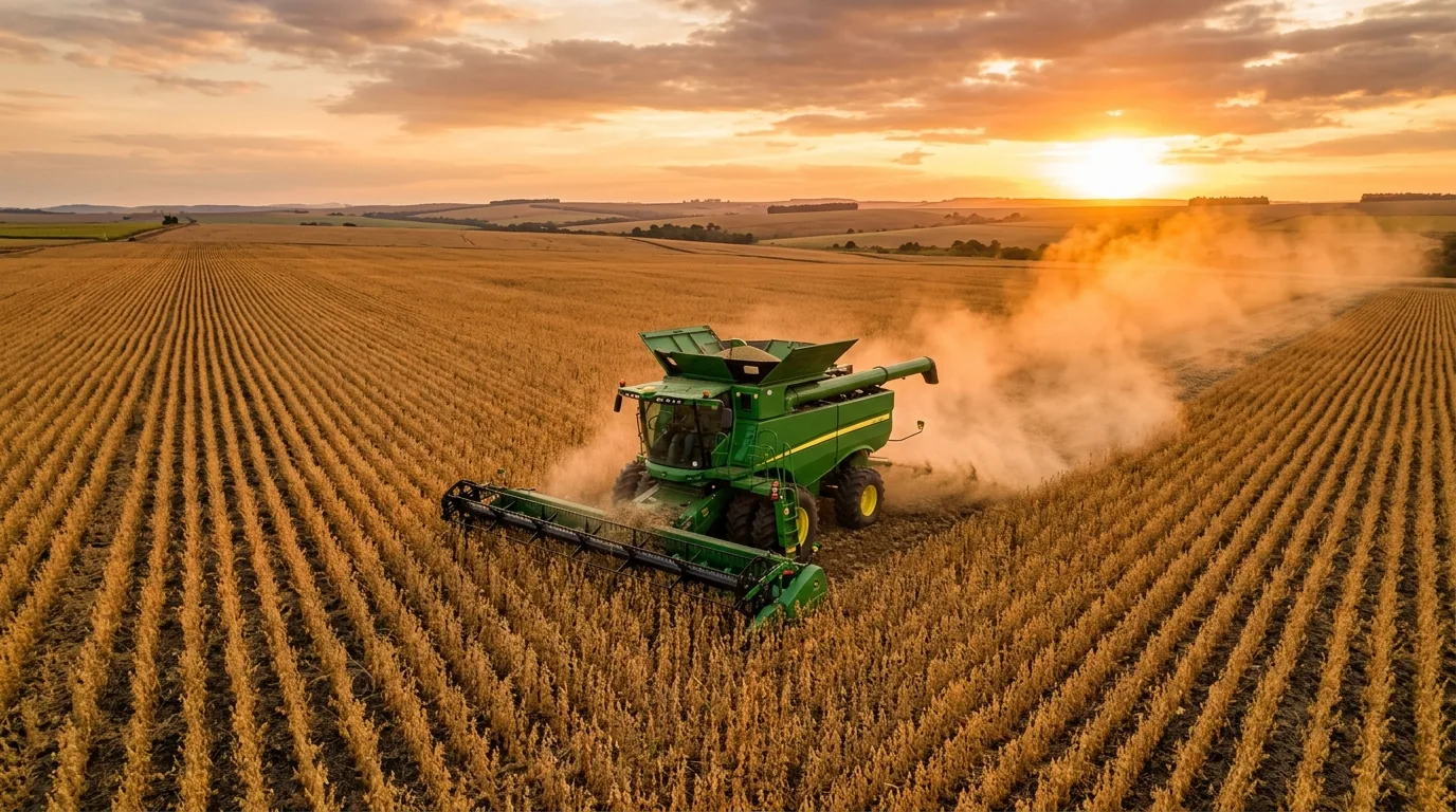 Colheitadeira verde em uma lavoura de soja ao pôr do sol, representando o lastro do CRA no agronegócio