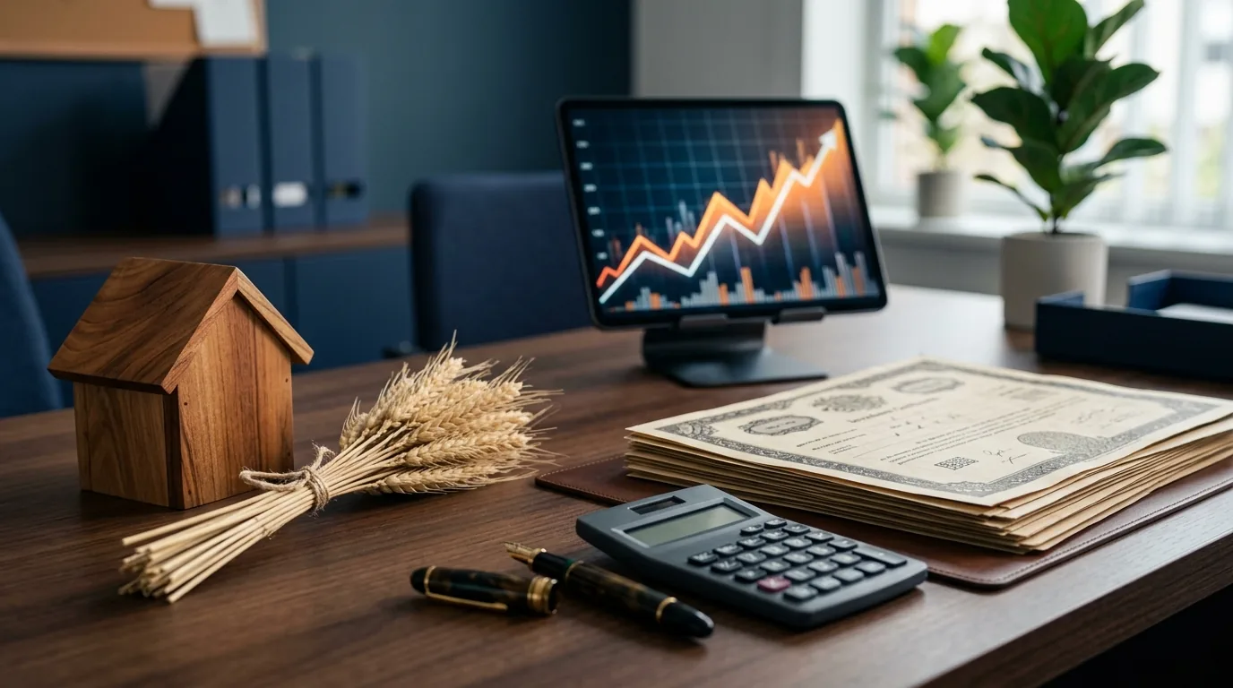 Mesa de investidor com casa em miniatura, ramos de trigo, calculadora e documentos de investimento