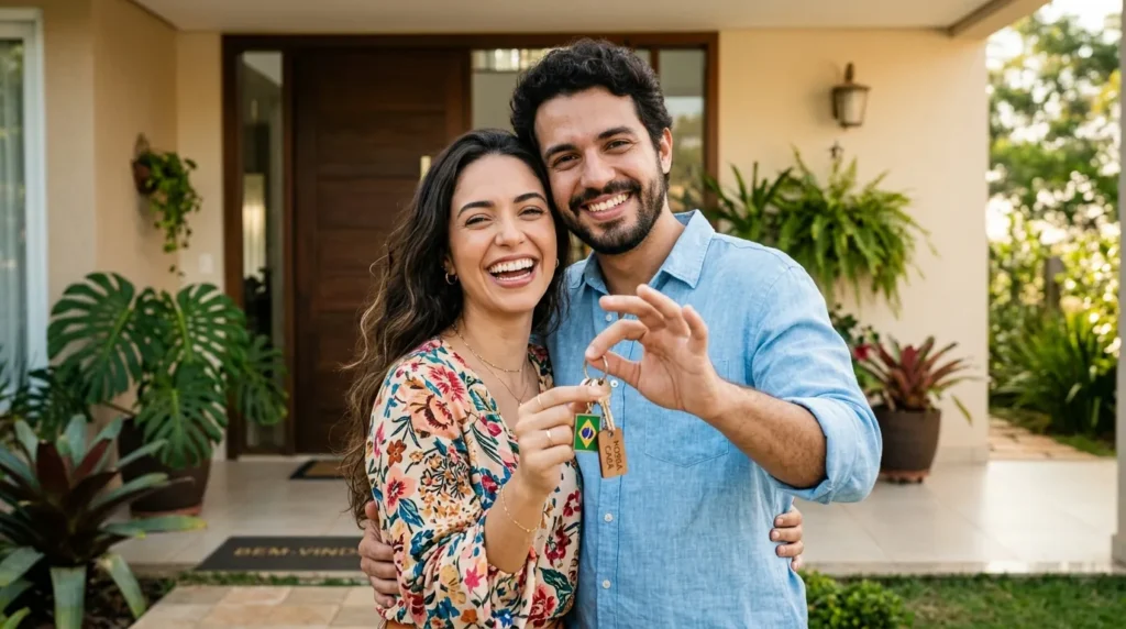 Casal feliz com as chaves da casa comprada usando o FGTS