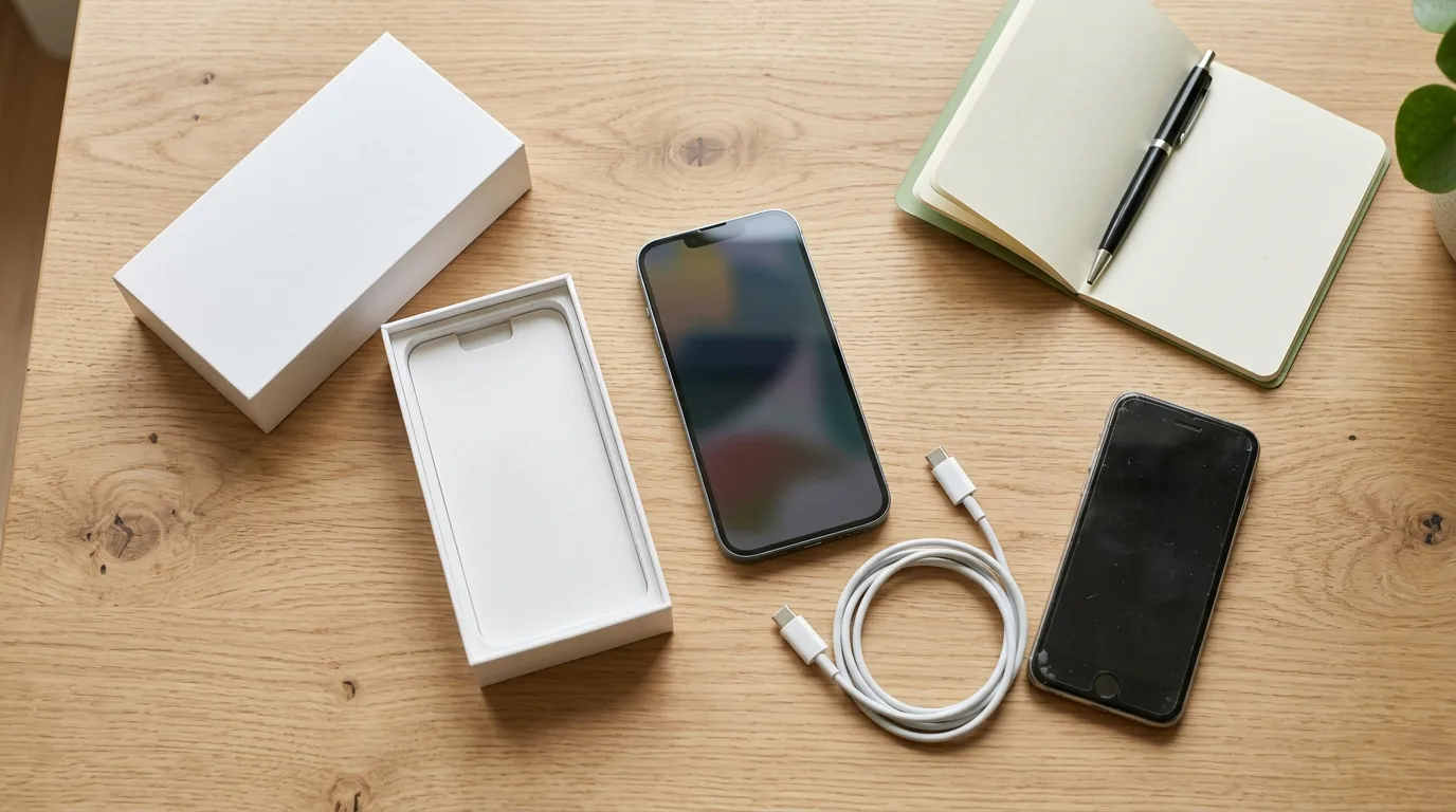 Celular novo fora da caixa ao lado do aparelho antigo, cabo e caderno sobre a mesa, limite Pix de dispositivo não cadastrado
