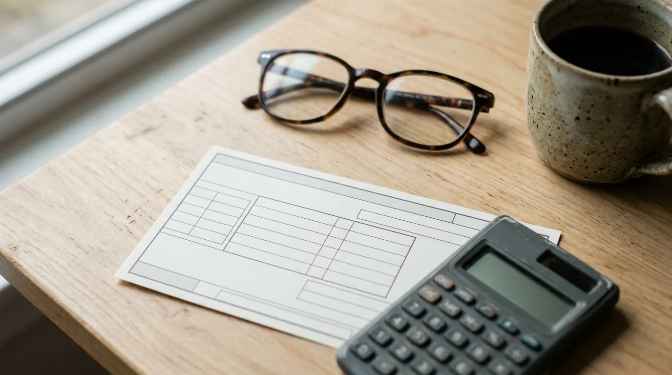 Guia de recolhimento em branco, calculadora, óculos e caneca de café sobre mesa de madeira