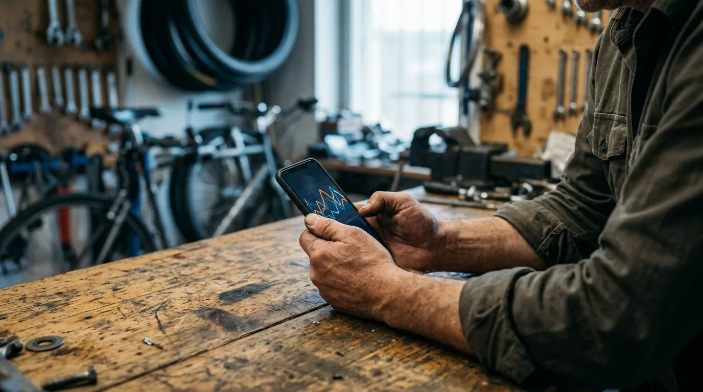 Mãos de microempreendedor segurando celular com gráfico na tela no balcão de uma oficina