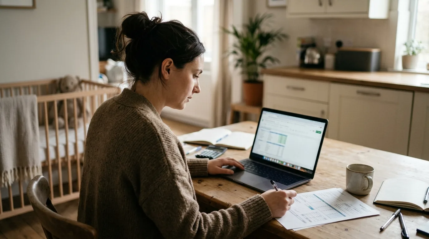 Mulher em cozinha com notebook, papéis e calculadora, com berço ao fundo, conferindo as contas do MEI
