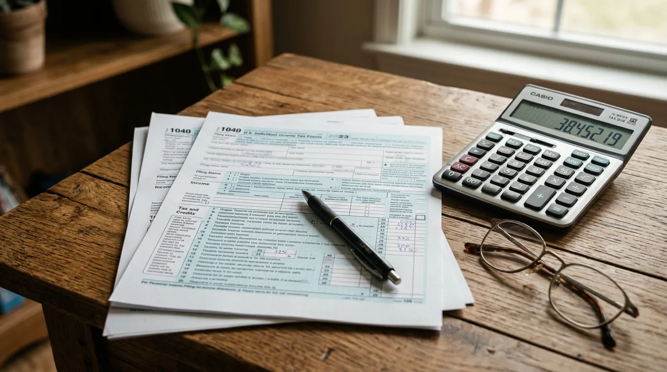 Documentos do Imposto de Renda e calculadora sobre a mesa, nova tabela de 2026