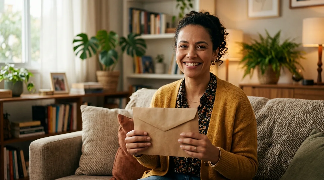 Pessoa sorrindo com o envelope de pagamento apos a isencao do Imposto de Renda