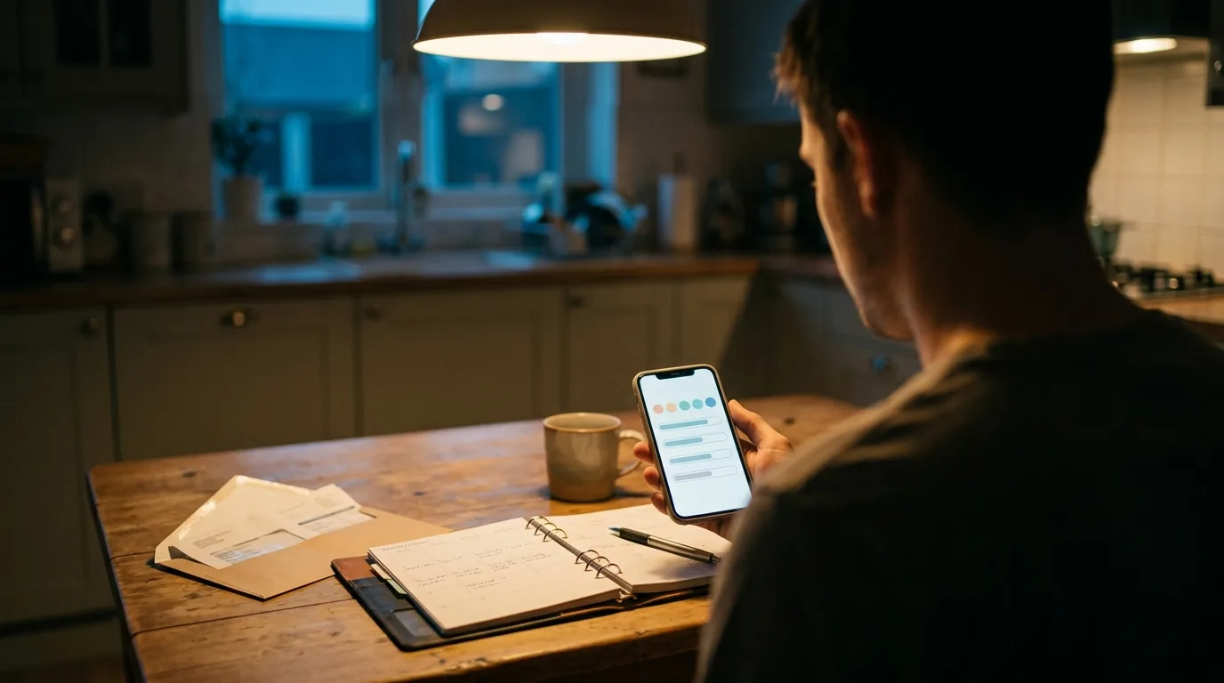 Homem na mesa da cozinha à noite conferindo no celular uma lista de pagamentos programados, com contas da casa e uma agenda aberta