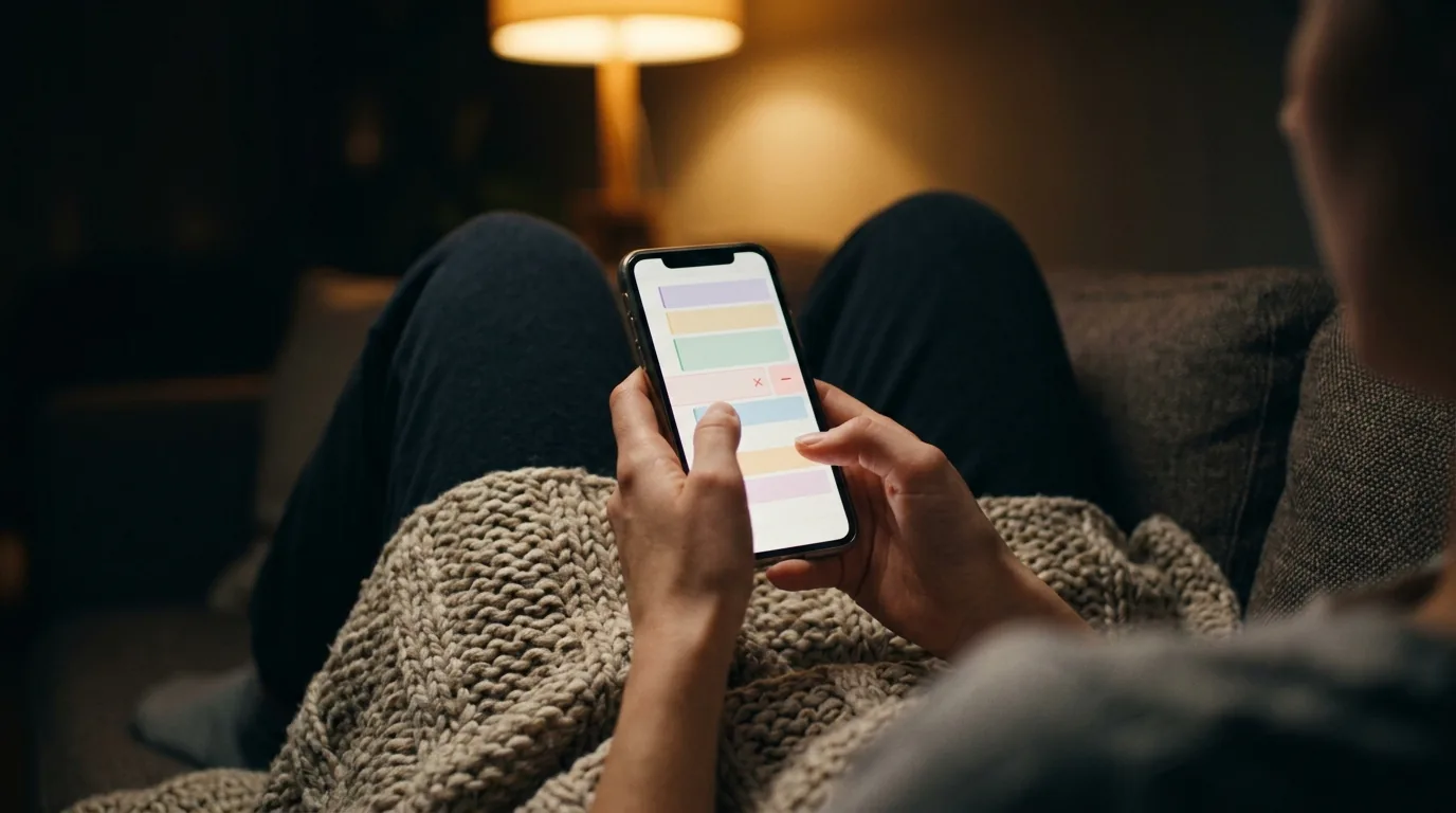 Mãos segurando o celular no sofá à noite com a lista de agendamentos aberta e um item marcado para cancelar