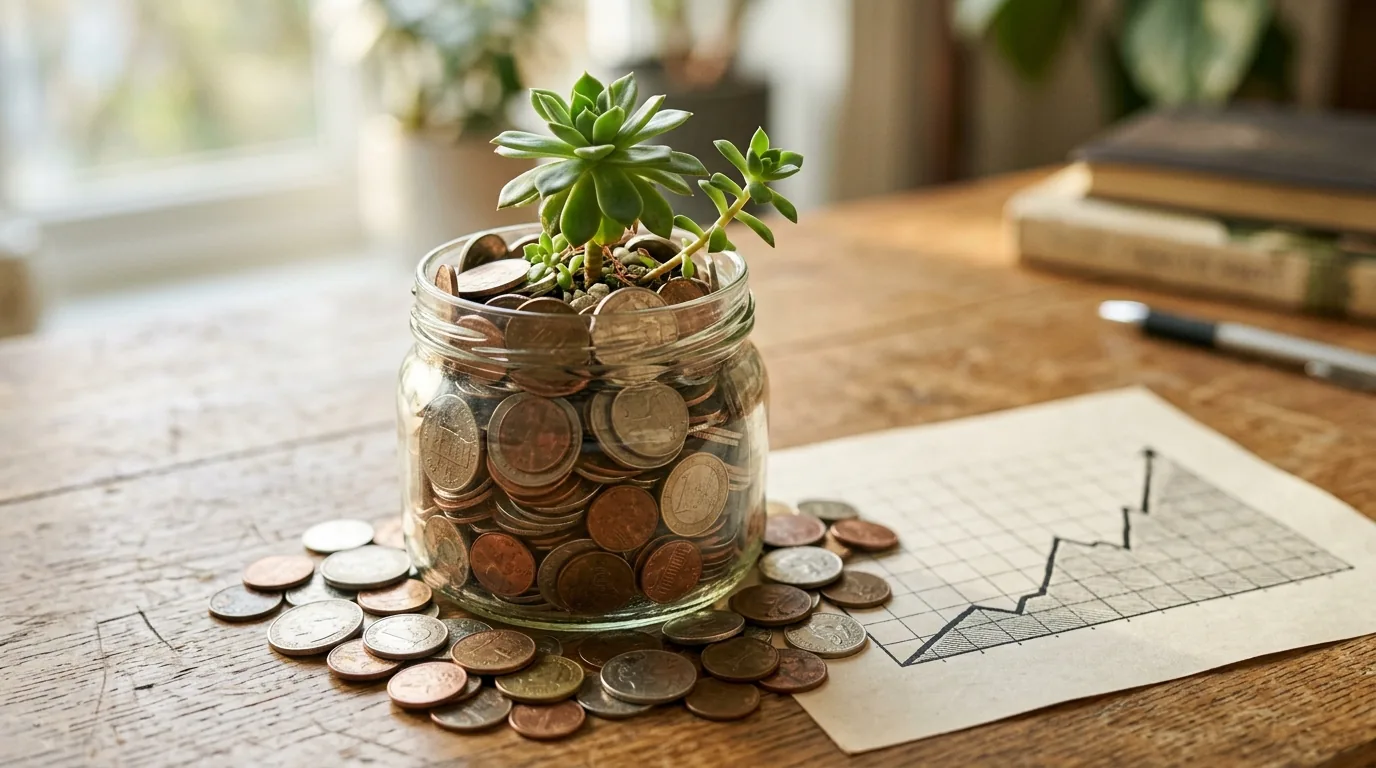 Pote de moedas com planta e grafico de crescimento, o rendimento de 1 milhao