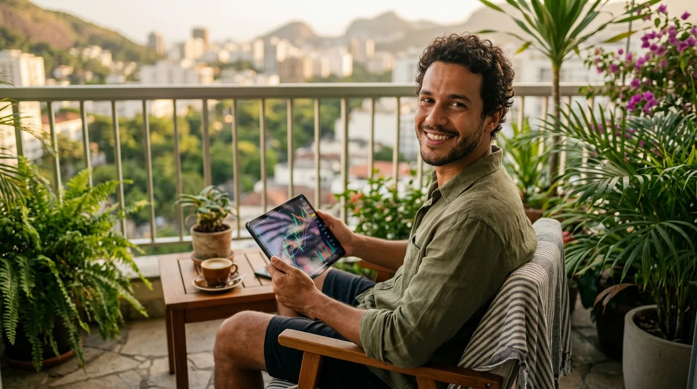Pessoa relaxada vivendo de renda na varanda com um tablet e cafe