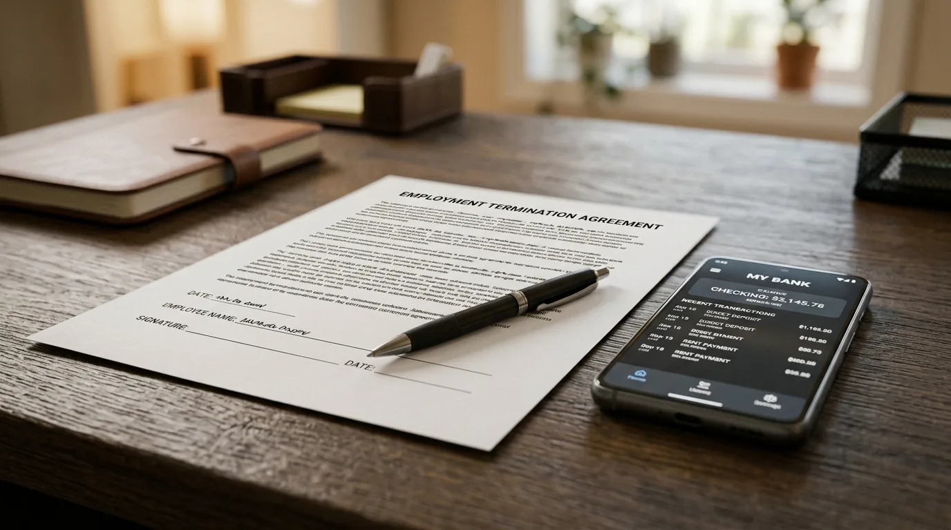 Documentos de rescisao do contrato de trabalho com caneta e celular com app do FGTS
