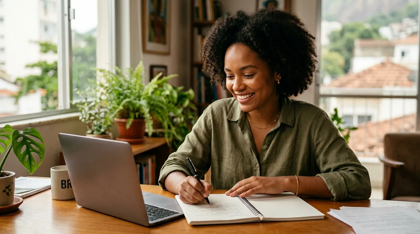 Pessoa planejando um recomeco no laptop apos usar o FGTS da demissao