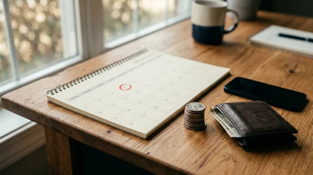 Calendário de mesa com o quinto dia circulado ao lado de moedas e carteira, representando o quinto dia útil do mês