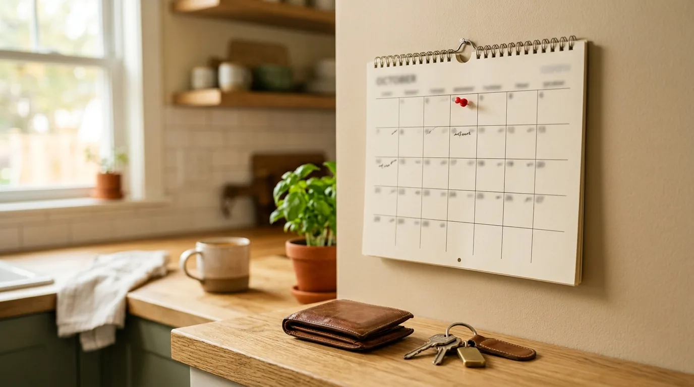 Calendário de parede na cozinha com um alfinete vermelho na primeira semana, carteira e chaves no balcão