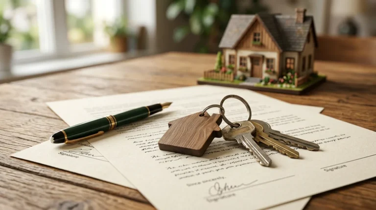 Chaves de casa com chaveiro de madeira sobre um contrato de aluguel, com casa em miniatura ao fundo