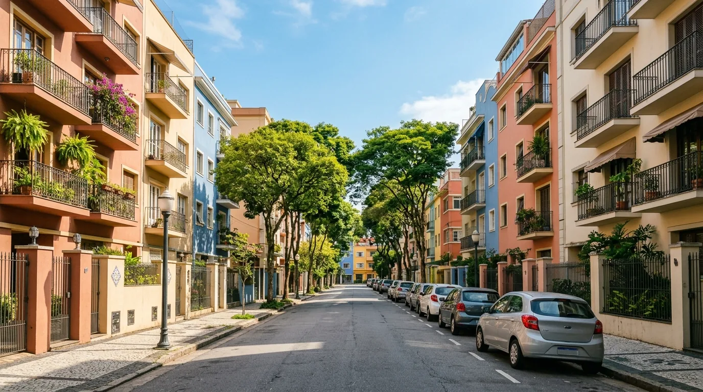 Rua arborizada com prédios residenciais de varandas em um bairro de cidade brasileira
