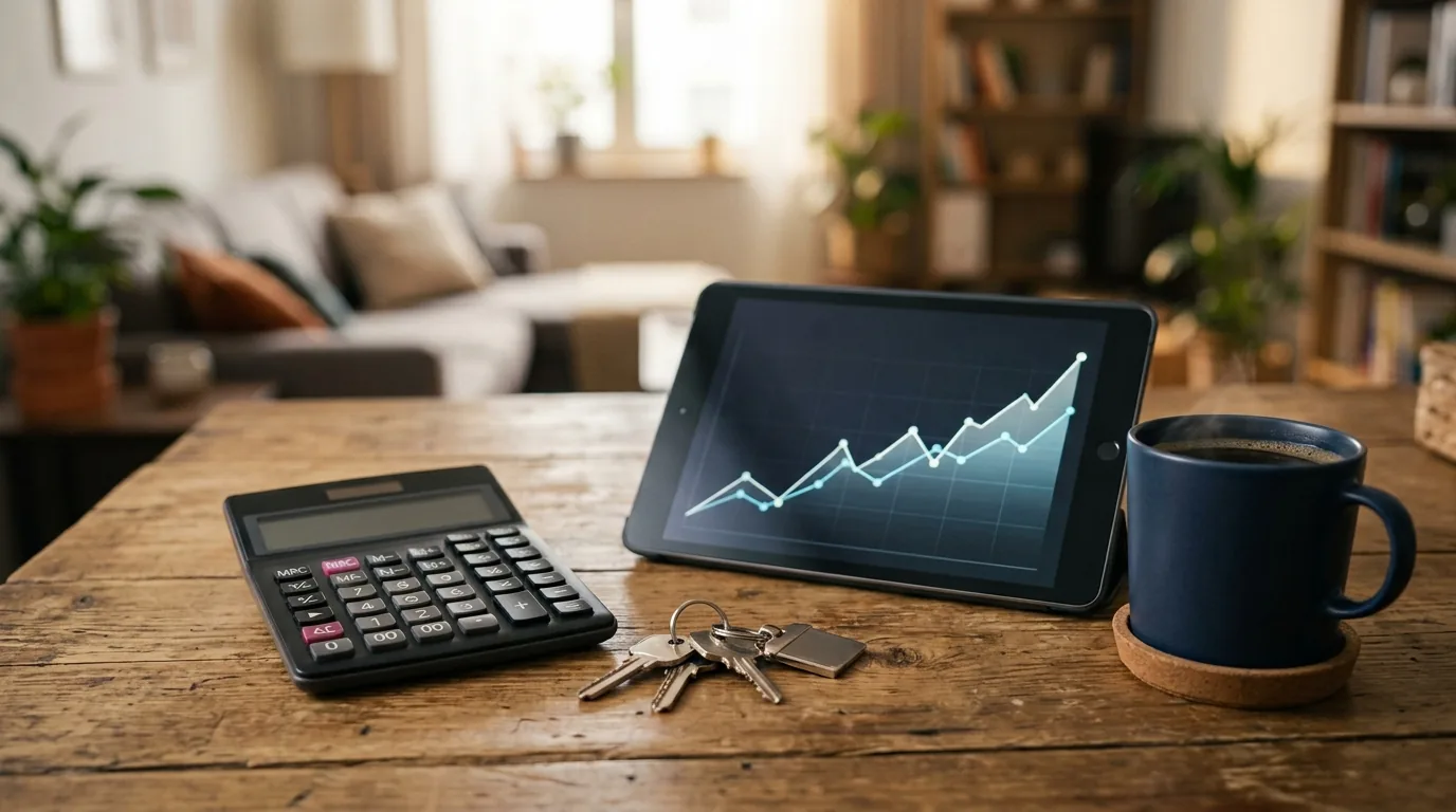 Calculadora e chaves de casa sobre a mesa ao lado de um tablet com gráfico em alta e xícara de café