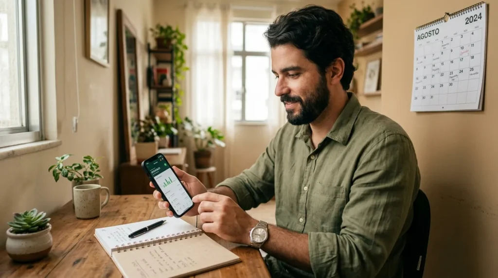Trabalhador consultando o saldo do FGTS no celular para o saque-aniversario