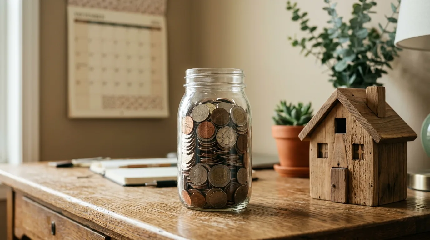 Pote de moedas e casinha de madeira representando a poupanca do FGTS ao longo do ano
