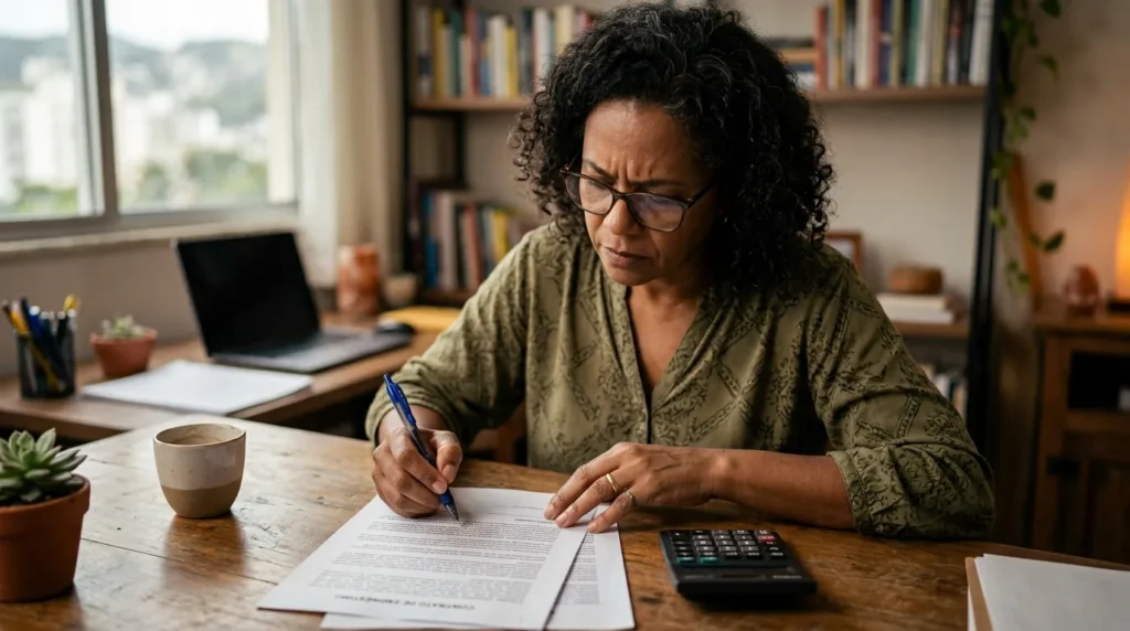 Pessoa revisando o contrato de emprestimo para checar o seguro prestamista