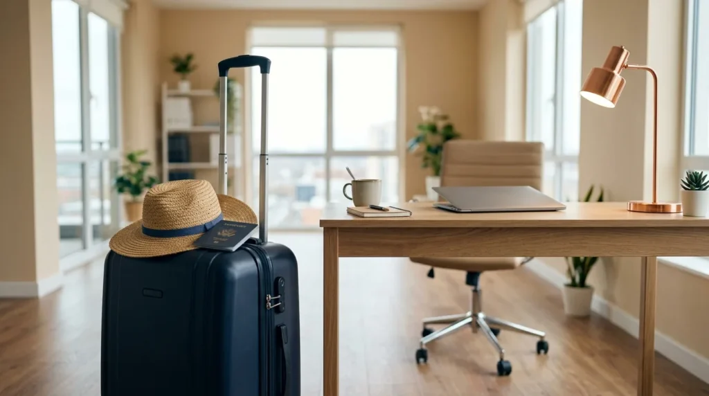 Mala de viagem com chapéu de palha ao lado de uma mesa de escritório com notebook fechado