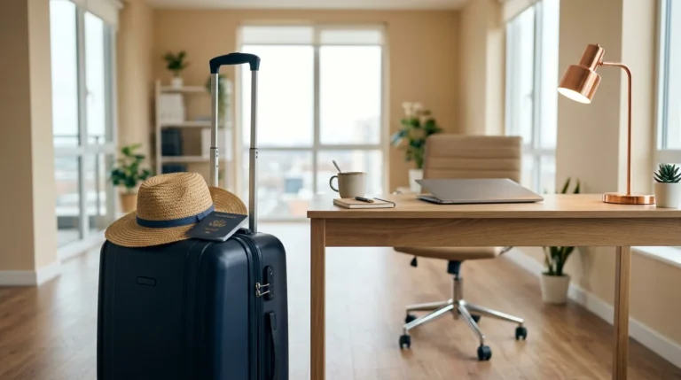 Mala de viagem com chapéu de palha ao lado de uma mesa de escritório com notebook fechado
