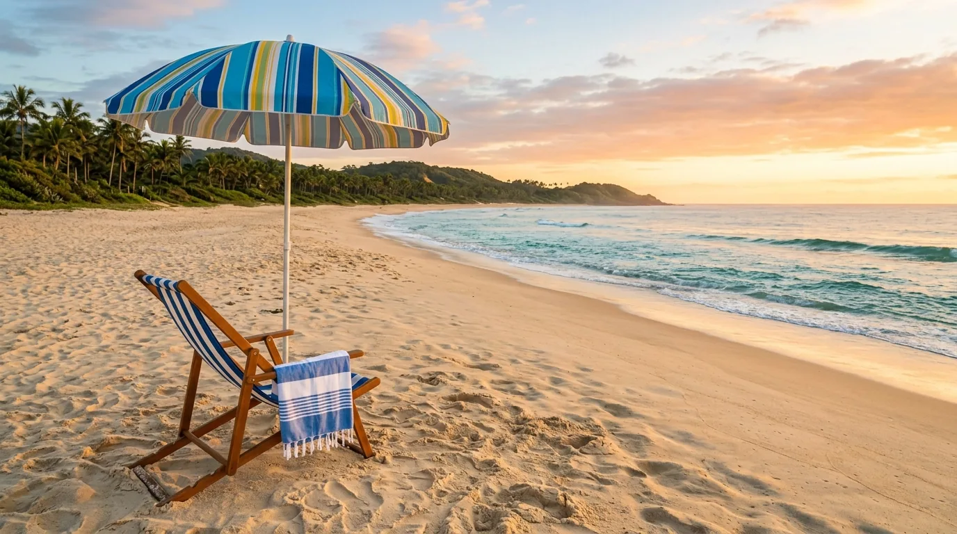 Cadeira de praia vazia sob guarda-sol listrado em uma praia brasileira ao amanhecer