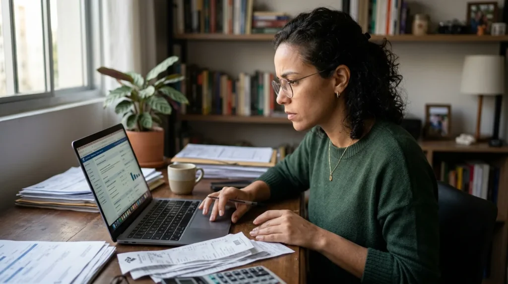 Pessoa declarando o Imposto de Renda no laptop em casa