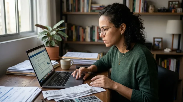 Pessoa declarando o Imposto de Renda no laptop em casa