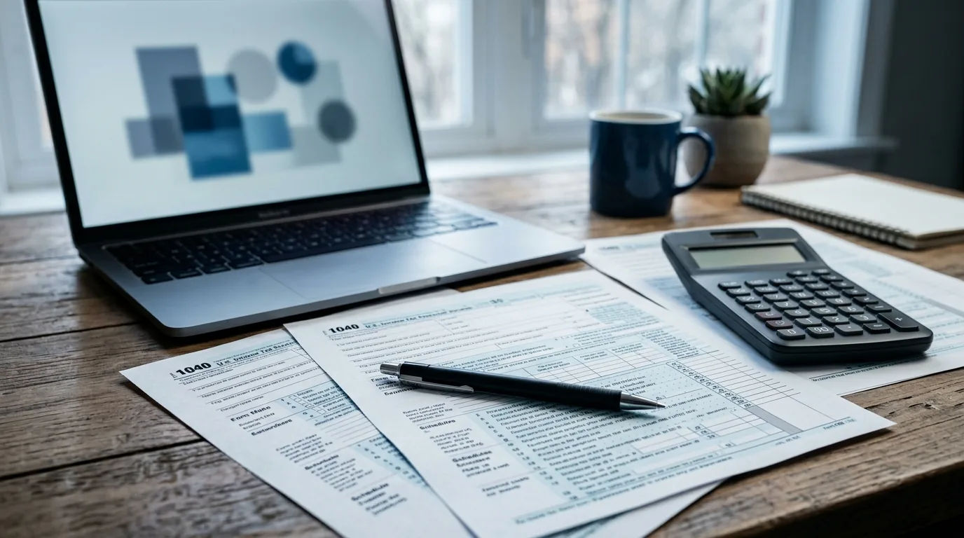 Documentos do Imposto de Renda, calculadora e laptop com o formulario
