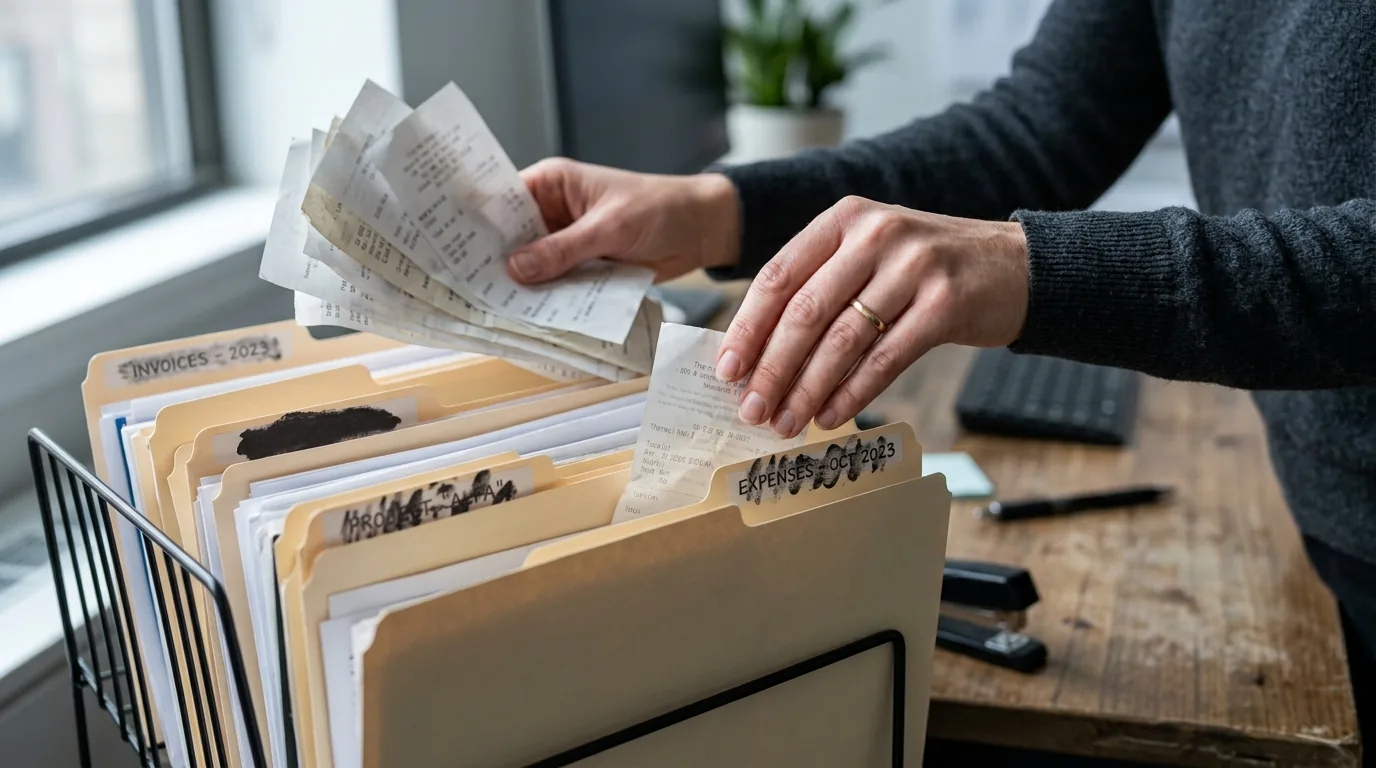 Maos organizando recibos e documentos em pastas para declarar o IR